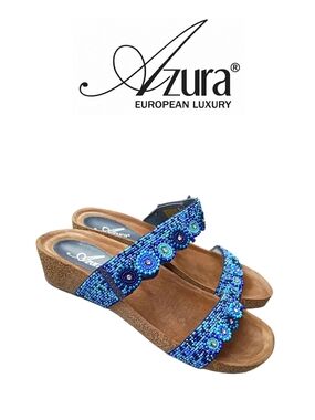 Azura Blue Beaded Bahama Low Wedge Slide Sandals for Women